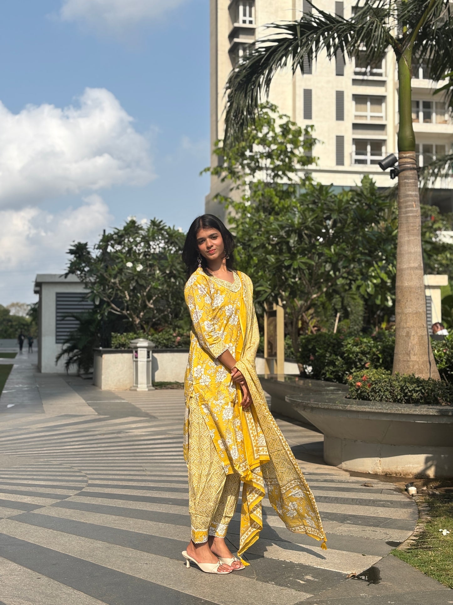 Sunlit Yellow Floral Cotton Kurti Set