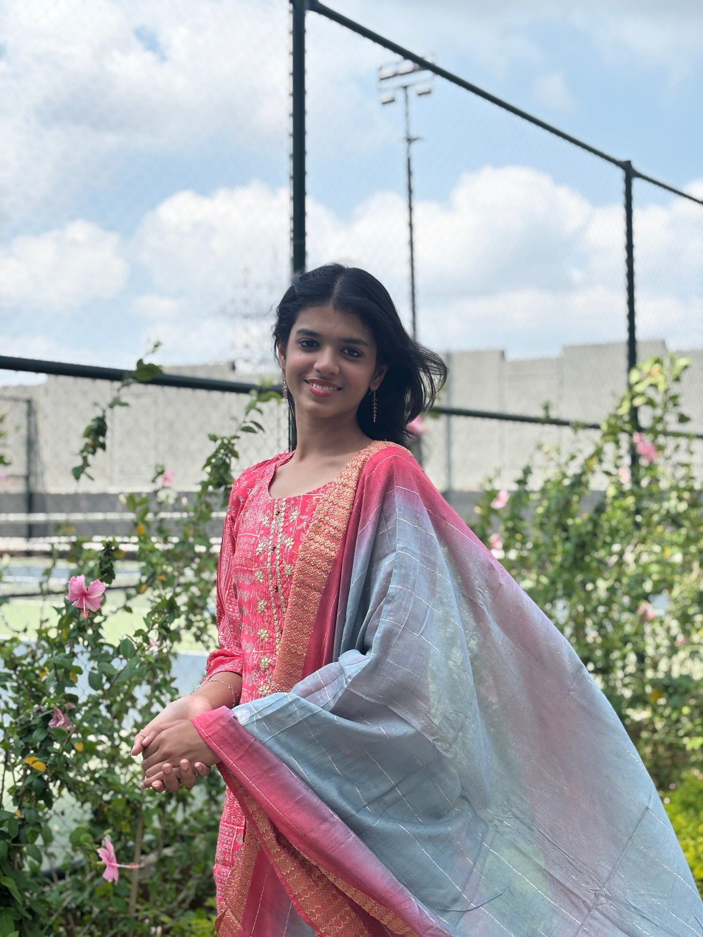 Pink Cotton Kurti Set with Dual-Tone Silk Dupatta