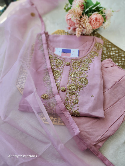 PINK NECK WORK DOLA SILK SUIT