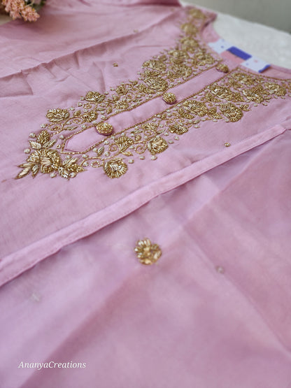 PINK NECK WORK DOLA SILK SUIT