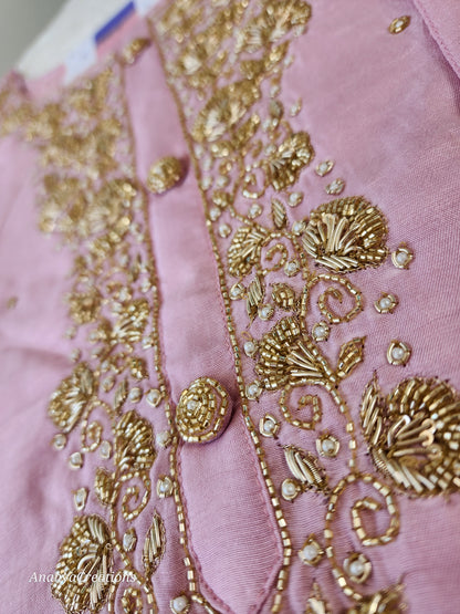 PINK NECK WORK DOLA SILK SUIT