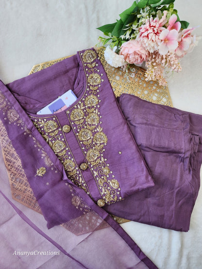 PURPLE NECK WORK DOLA SILK SUIT