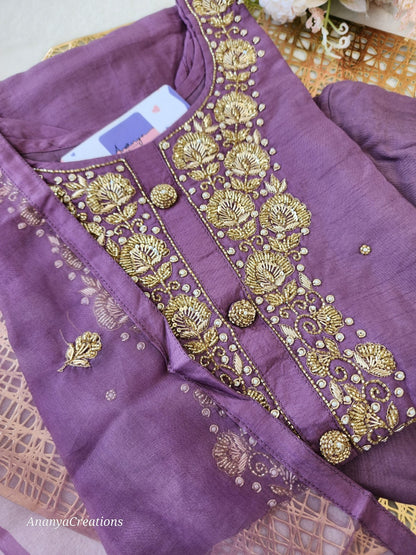 PURPLE NECK WORK DOLA SILK SUIT