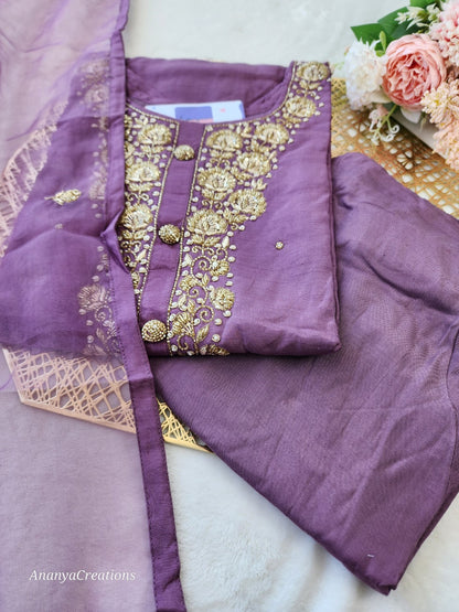 PURPLE NECK WORK DOLA SILK SUIT