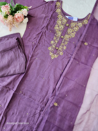 PURPLE NECK WORK DOLA SILK SUIT