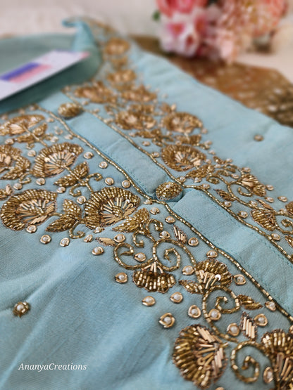 SKY BLUE NECK WORK DOLA SILK SUIT