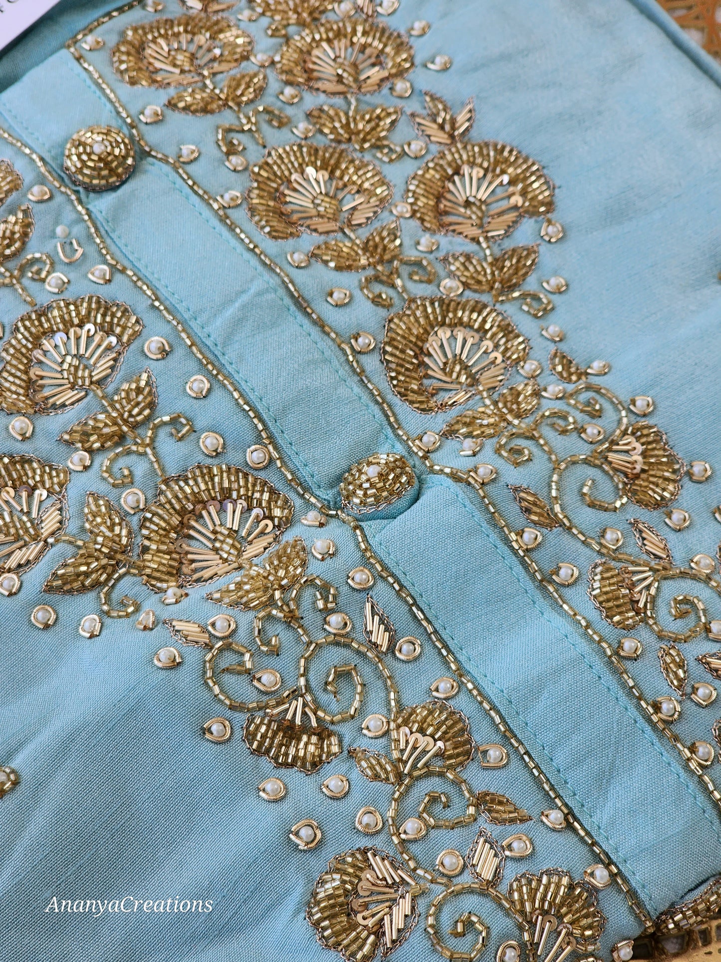 SKY BLUE NECK WORK DOLA SILK SUIT