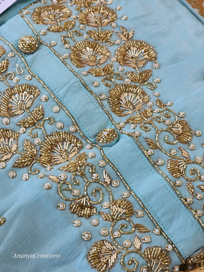 SKY BLUE NECK WORK DOLA SILK SUIT