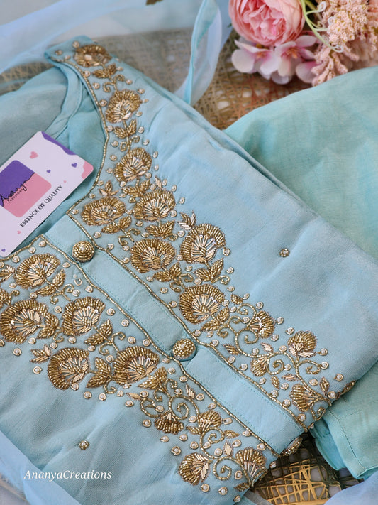 SKY BLUE NECK WORK DOLA SILK SUIT