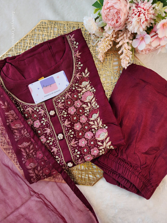 MAROON NECK WORK DOLA SILK SUIT