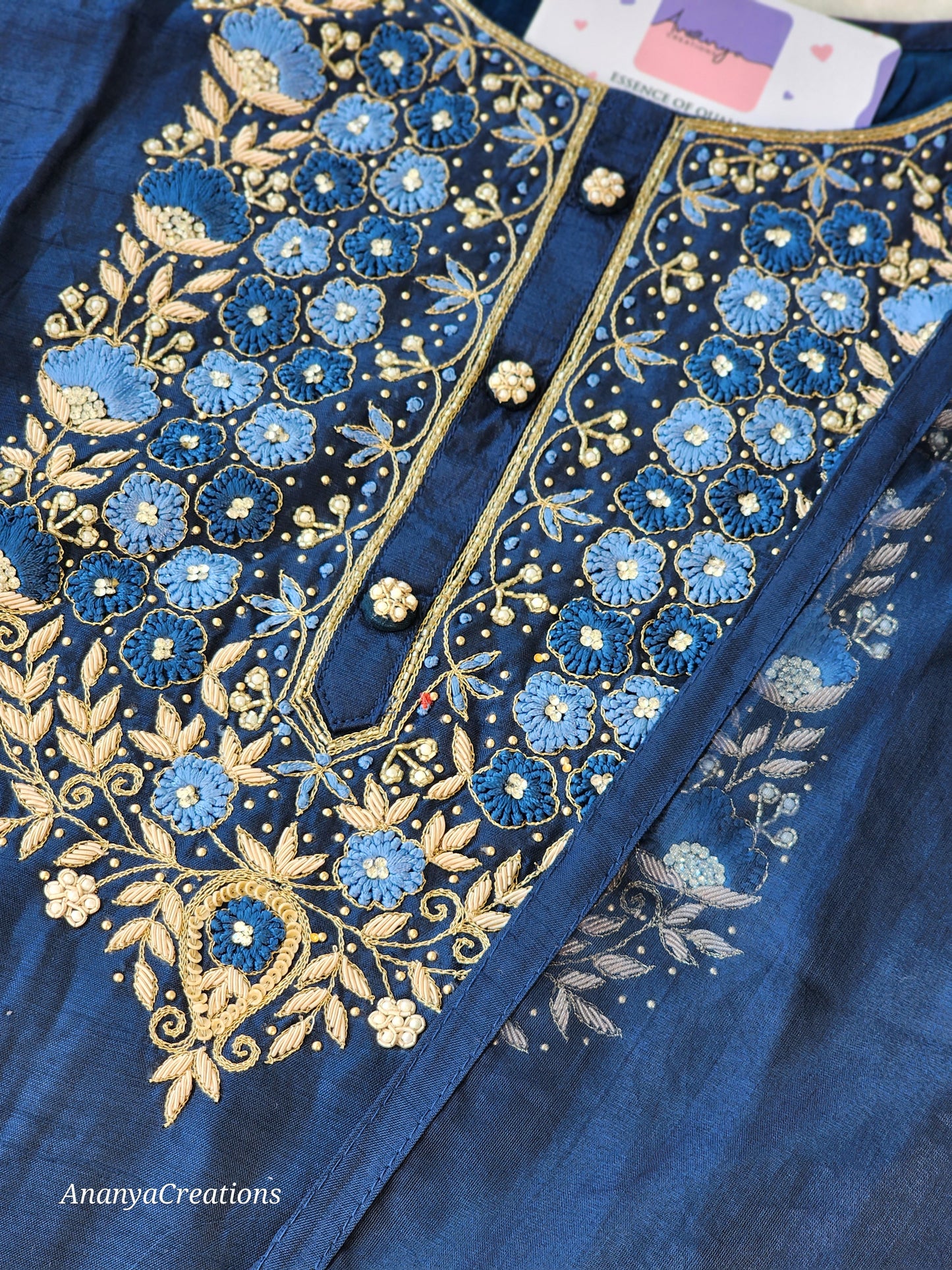 DEEP BLUE NECK WORK DOLA SILK SUIT