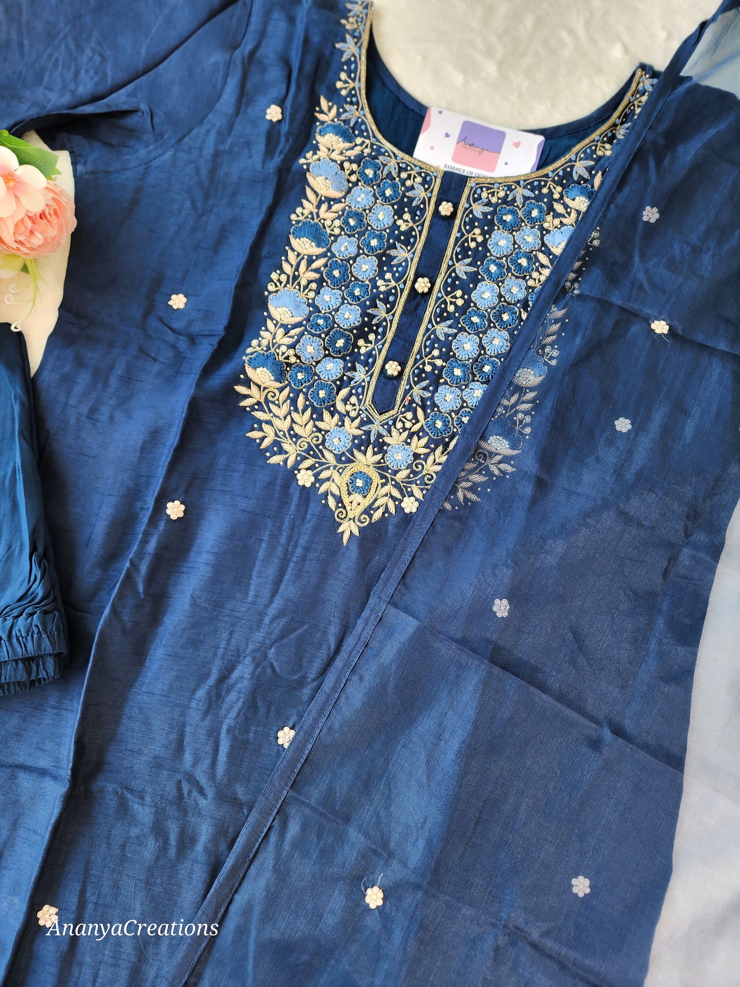 DEEP BLUE NECK WORK DOLA SILK SUIT