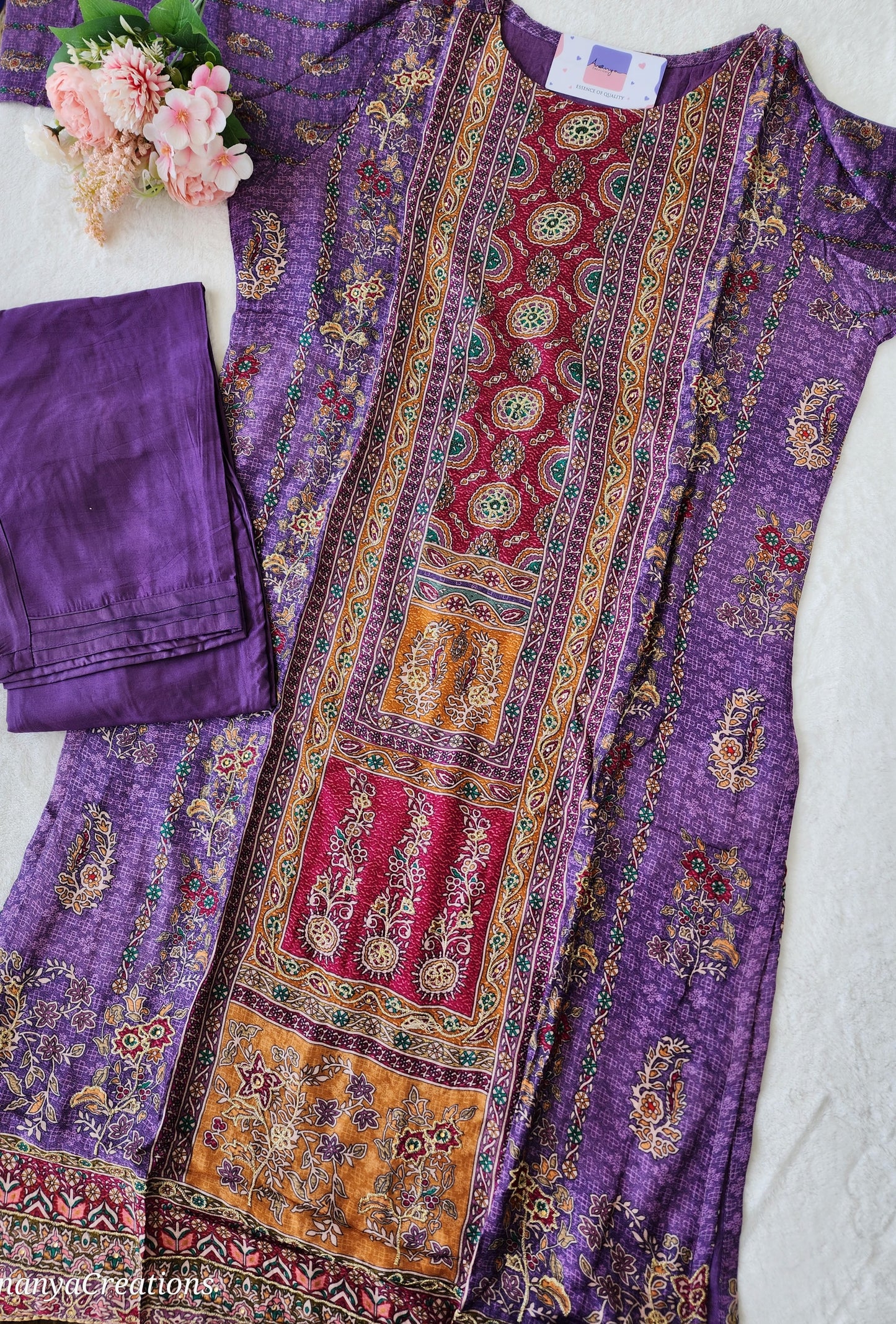 PRINTED PURPLE SEMI RAW SILK SUIT