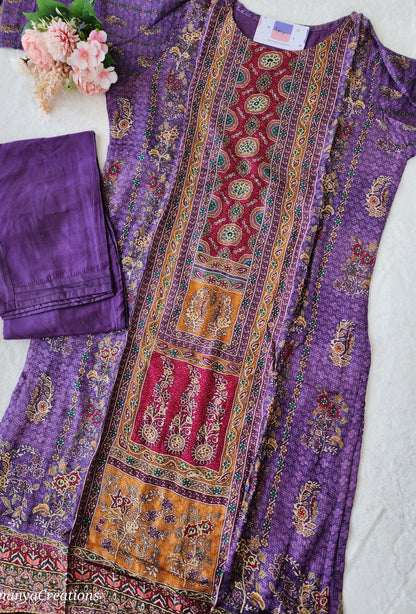 PRINTED PURPLE SEMI RAW SILK SUIT