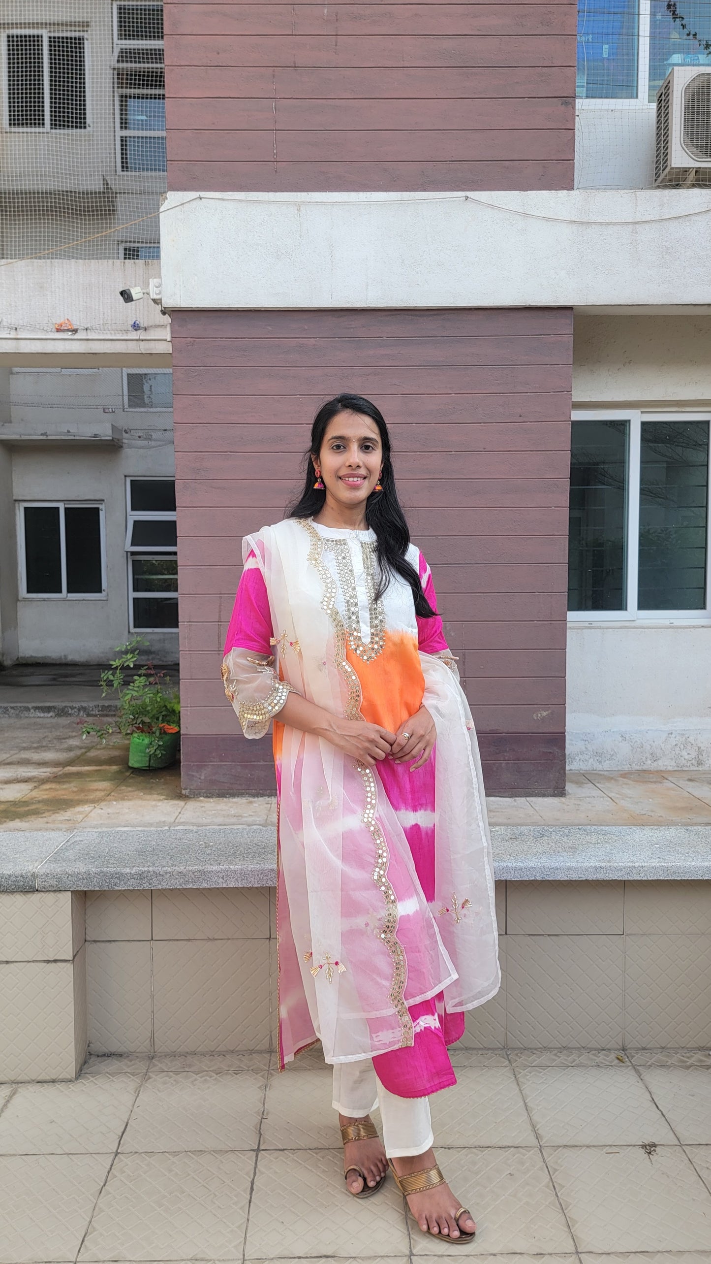 TIE & DYE PINK ORANGE DOLA SILK SUIT