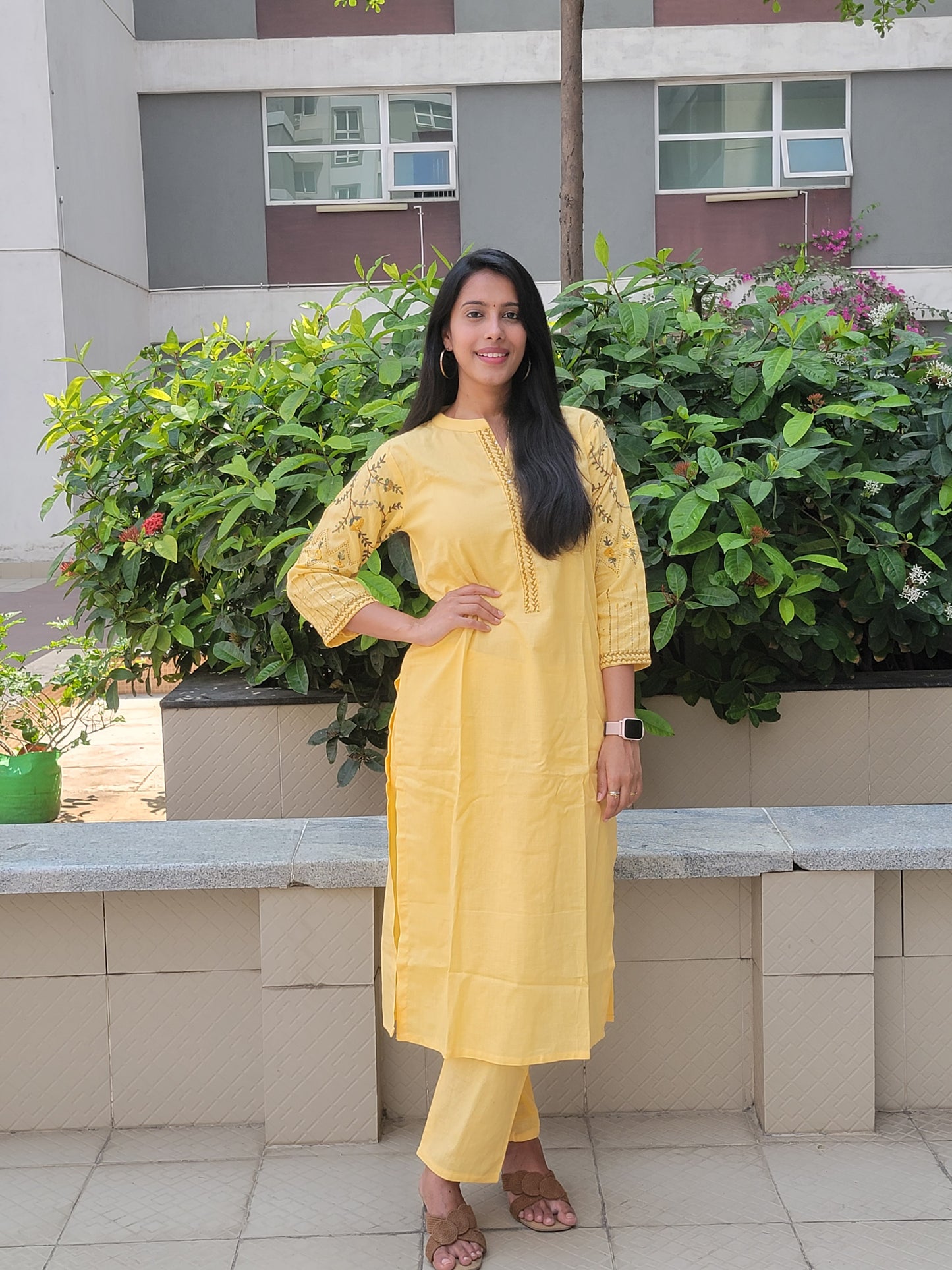 YELLOW THREAD WORK COTTON SUIT