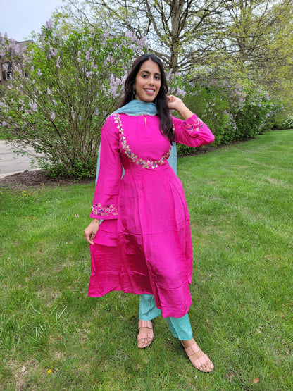 PINK & BLUE UPPADA SILK ANARKALI