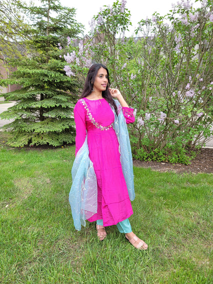 PINK & BLUE UPPADA SILK ANARKALI