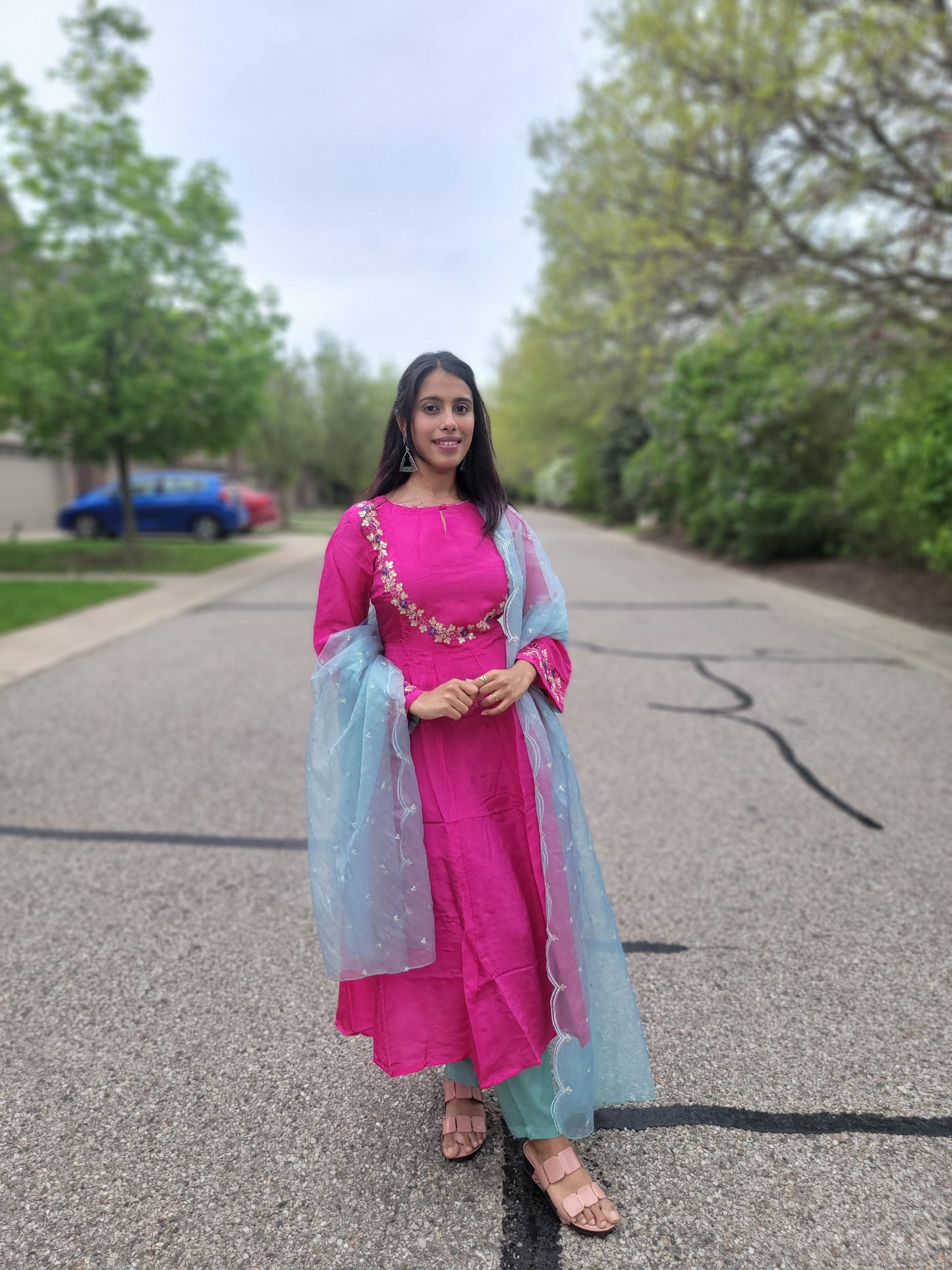 PINK & BLUE UPPADA SILK ANARKALI