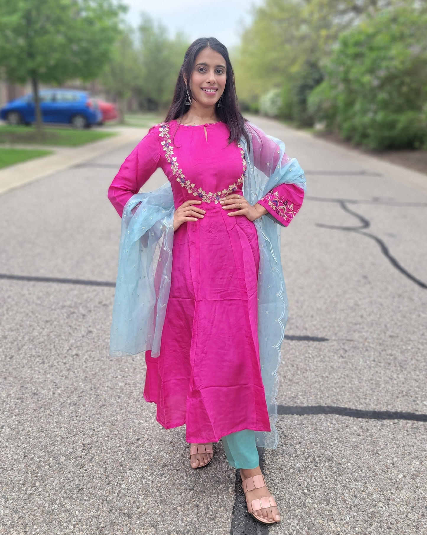 PINK & BLUE UPPADA SILK ANARKALI