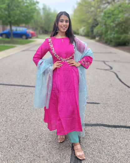 PINK & BLUE UPPADA SILK ANARKALI