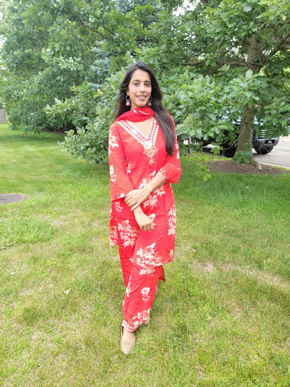 RED FLORAL CREPE SUIT