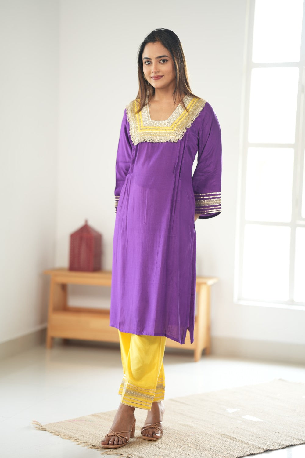 PURPLE & YELLOW GLASS NECKLINE KURTA SET