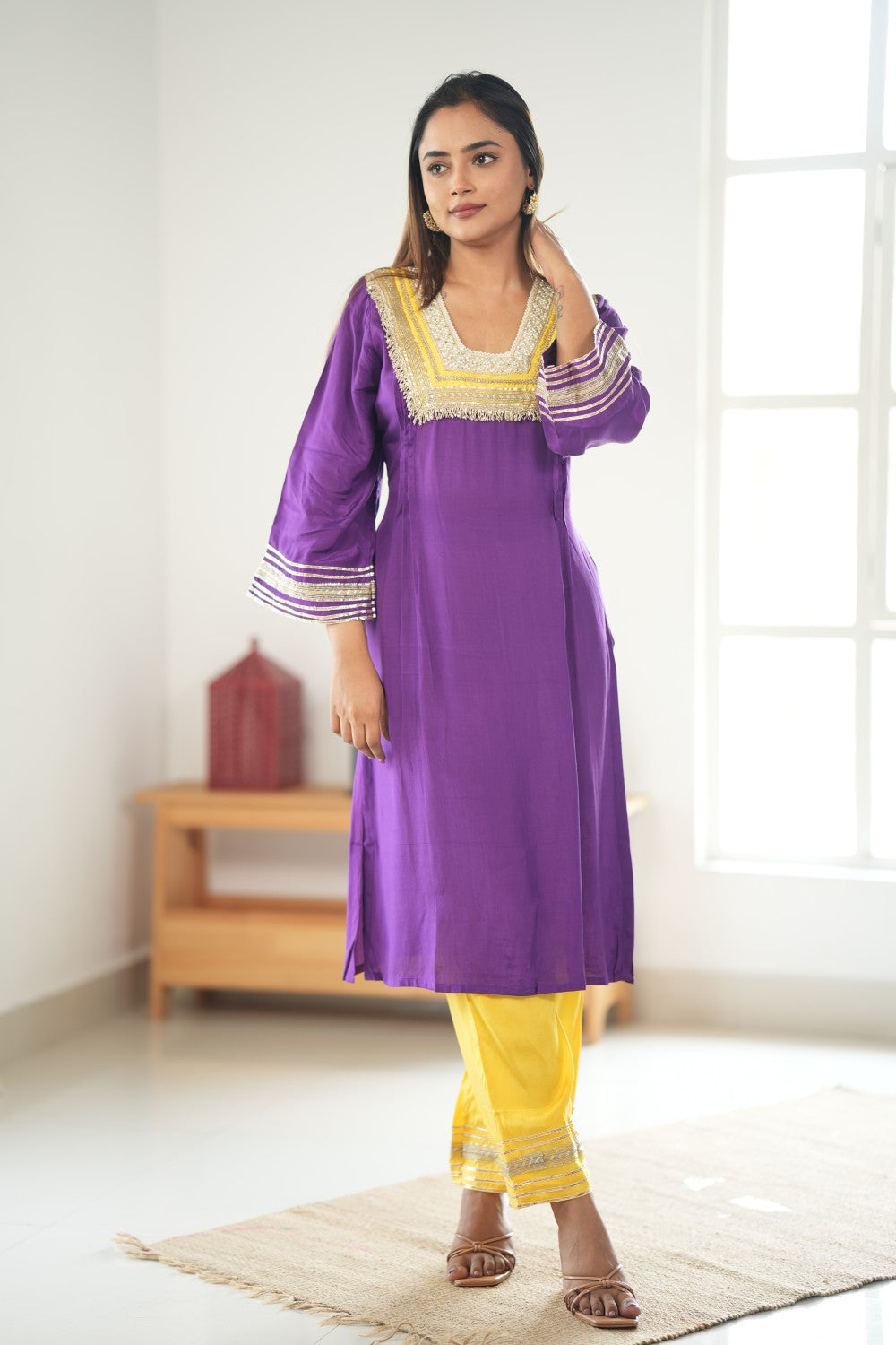 PURPLE & YELLOW GLASS NECKLINE KURTA SET