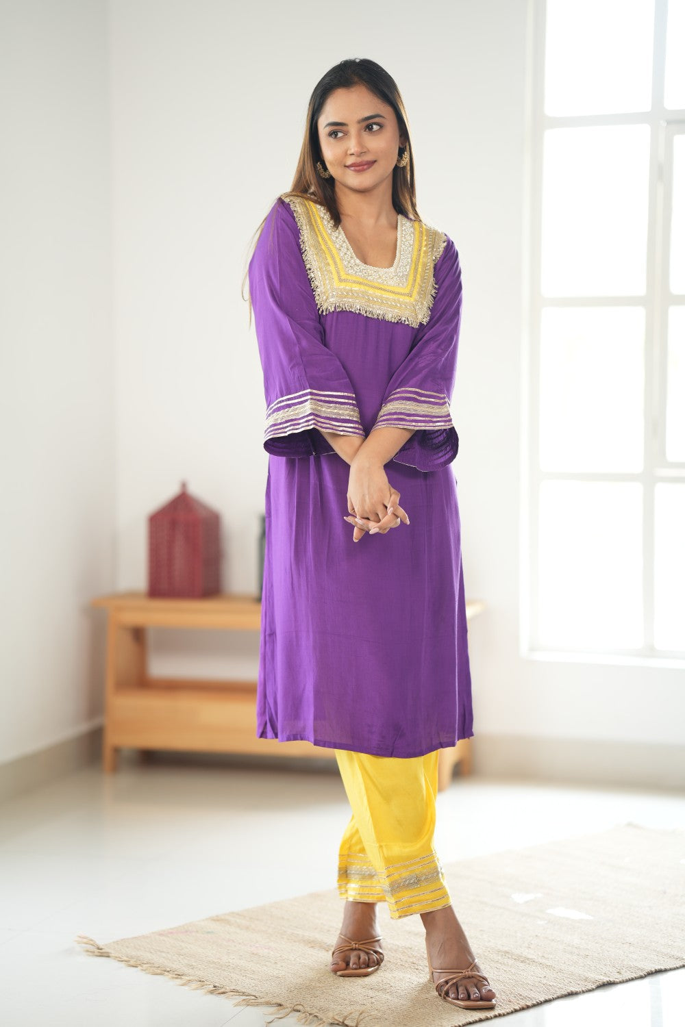 PURPLE & YELLOW GLASS NECKLINE KURTA SET