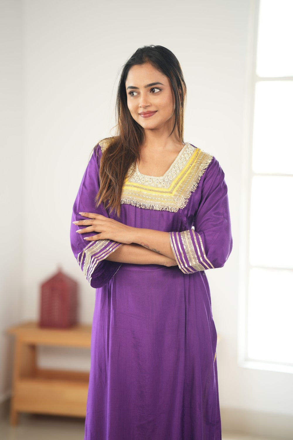 PURPLE & YELLOW GLASS NECKLINE KURTA SET