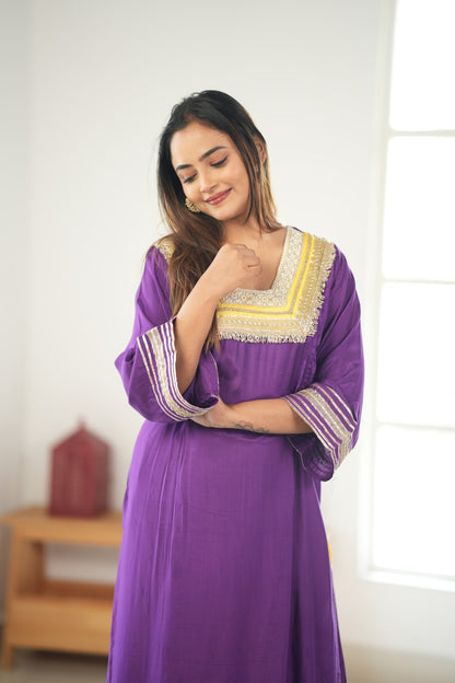 PURPLE & YELLOW GLASS NECKLINE KURTA SET