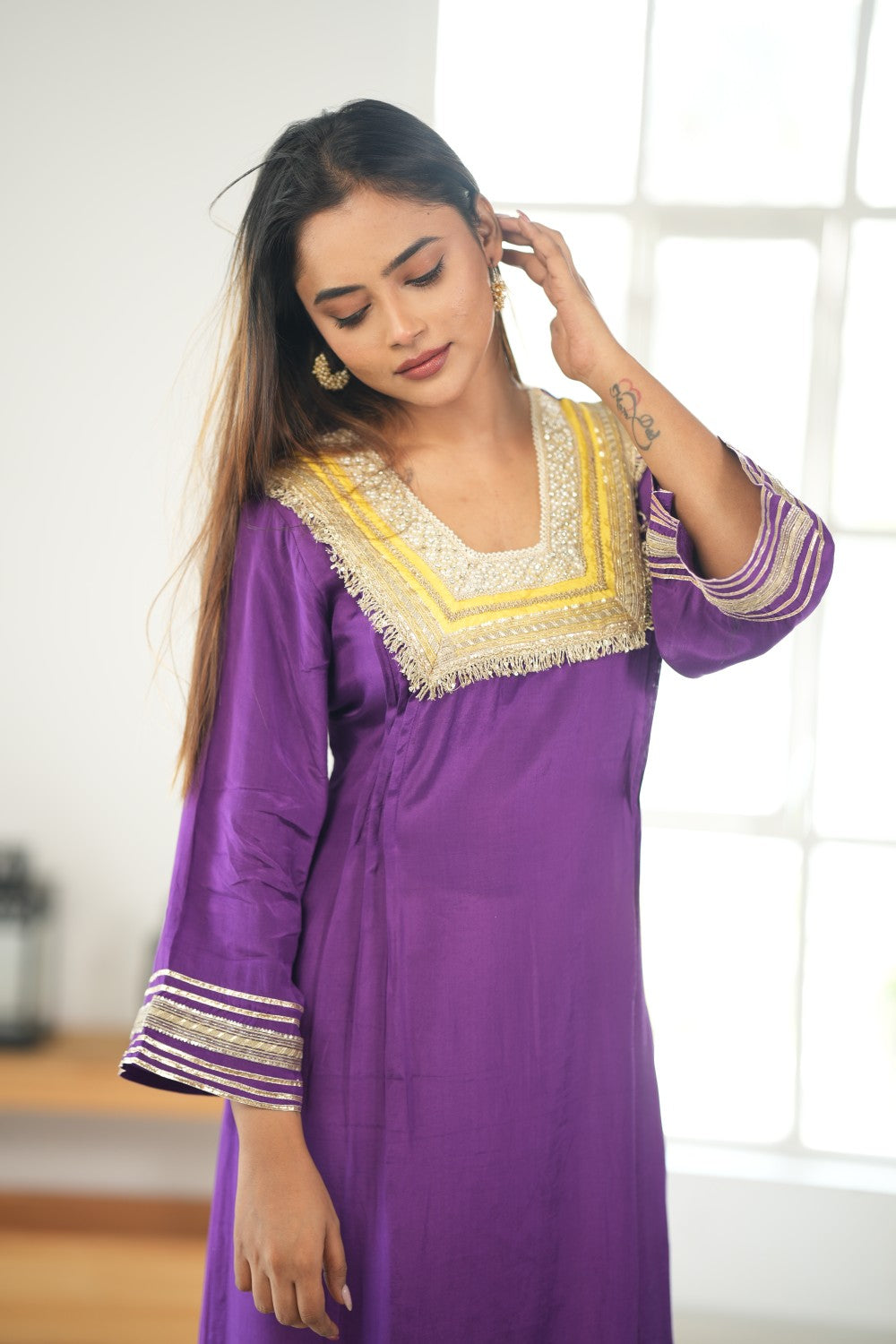 PURPLE & YELLOW GLASS NECKLINE KURTA SET