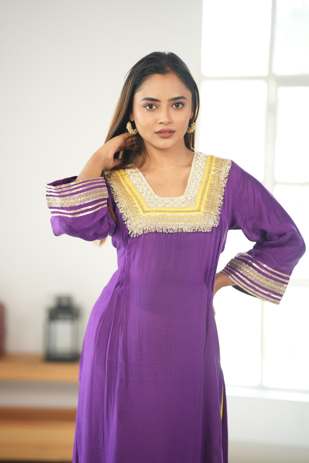 PURPLE & YELLOW GLASS NECKLINE KURTA SET