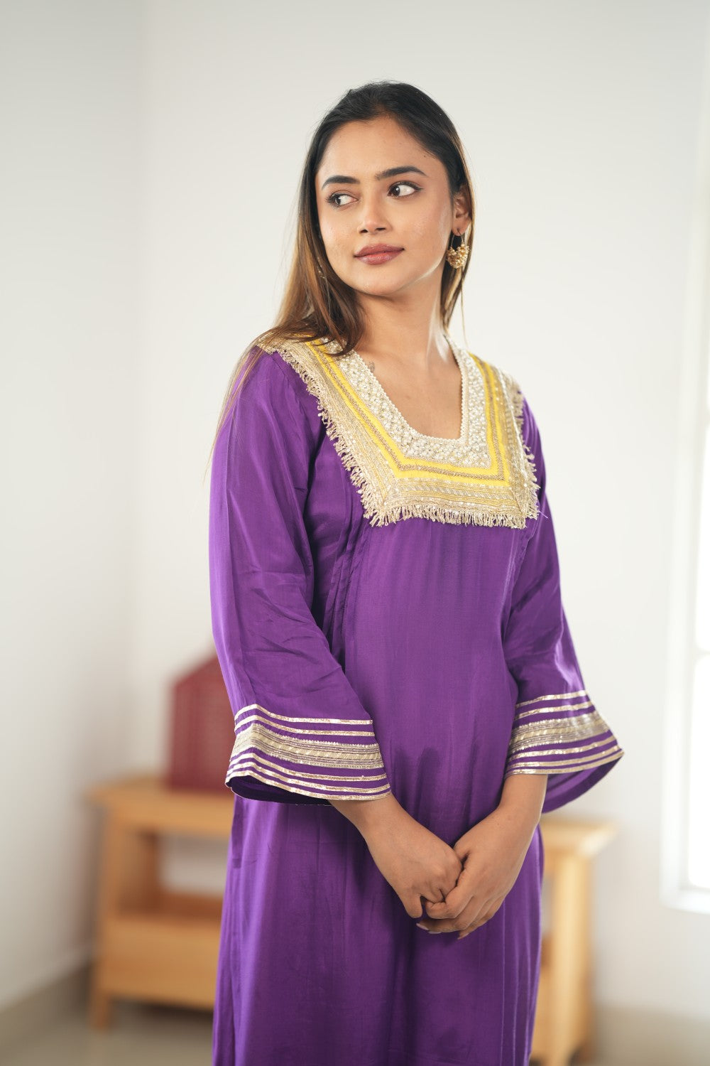 PURPLE & YELLOW GLASS NECKLINE KURTA SET