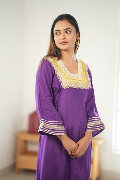 PURPLE & YELLOW GLASS NECKLINE KURTA SET