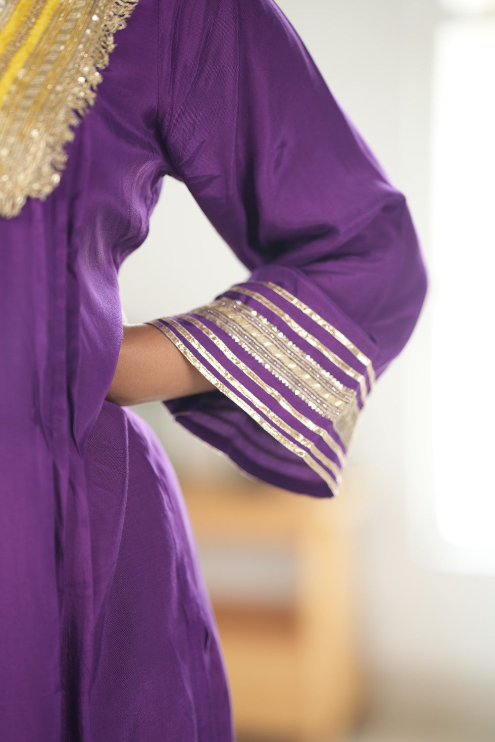 PURPLE & YELLOW GLASS NECKLINE KURTA SET