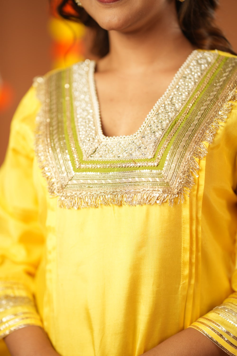 YELLOW & GREEN GLASS NECKLINE KURTA SET