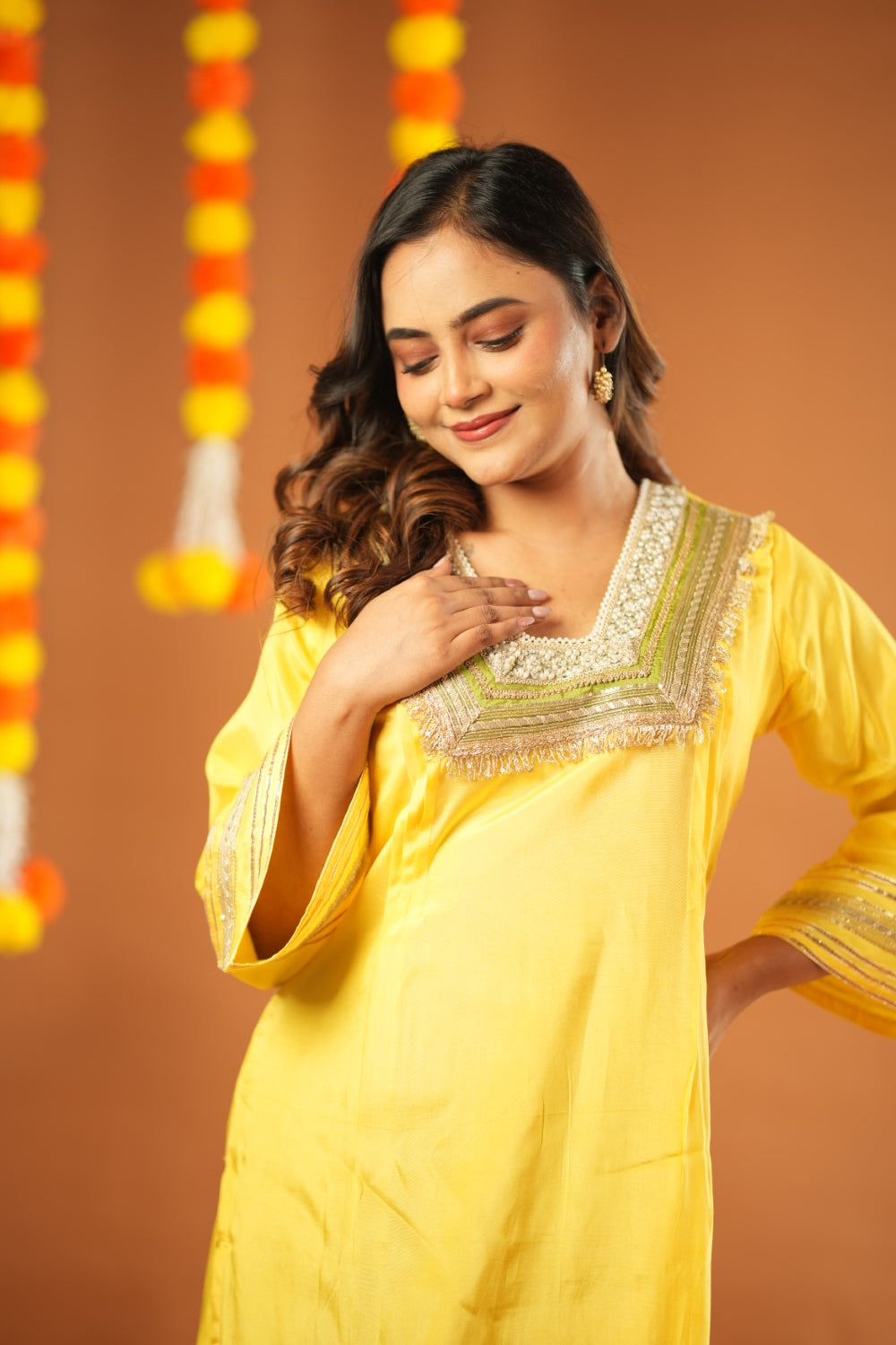 YELLOW & GREEN GLASS NECKLINE KURTA SET