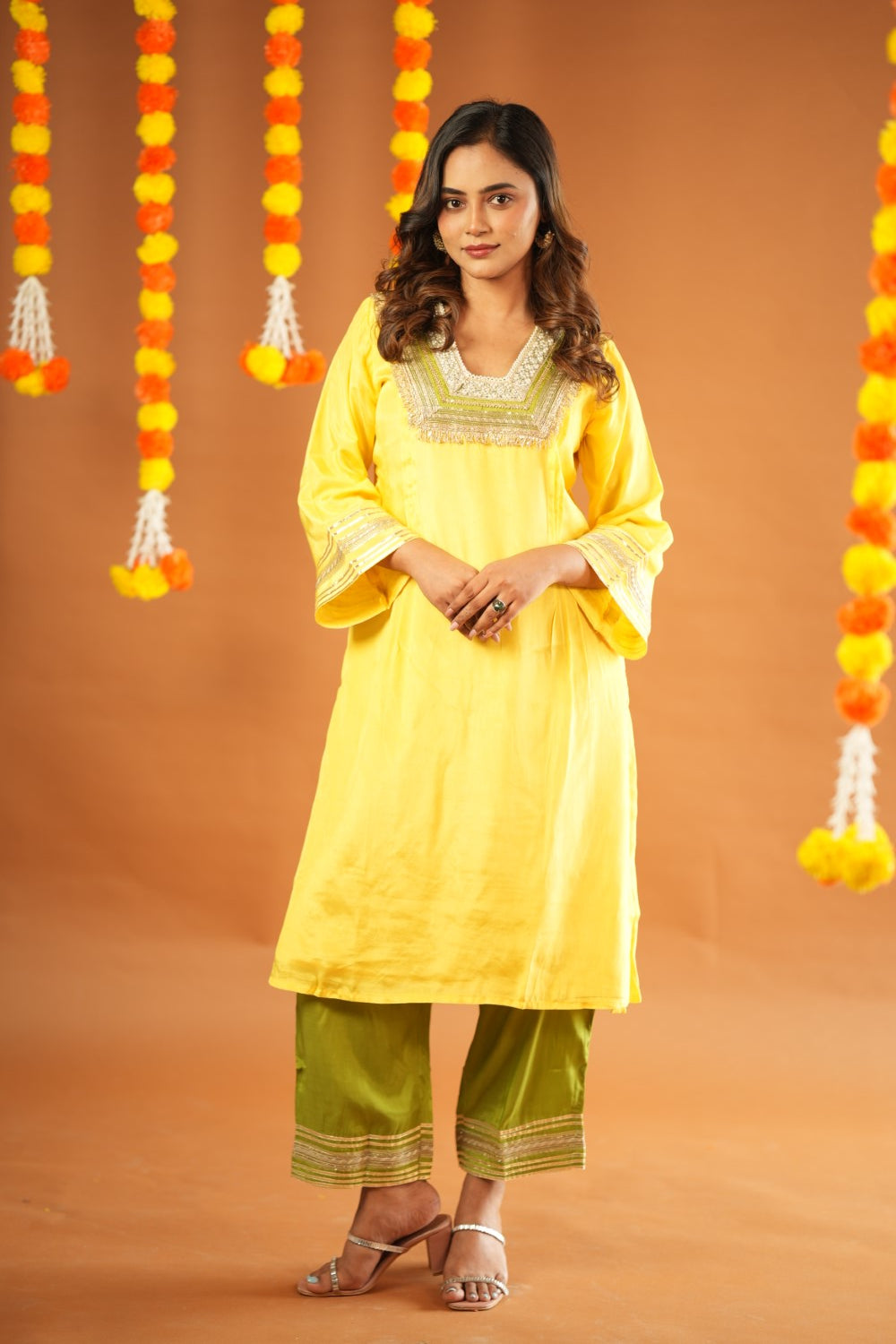 YELLOW & GREEN GLASS NECKLINE KURTA SET