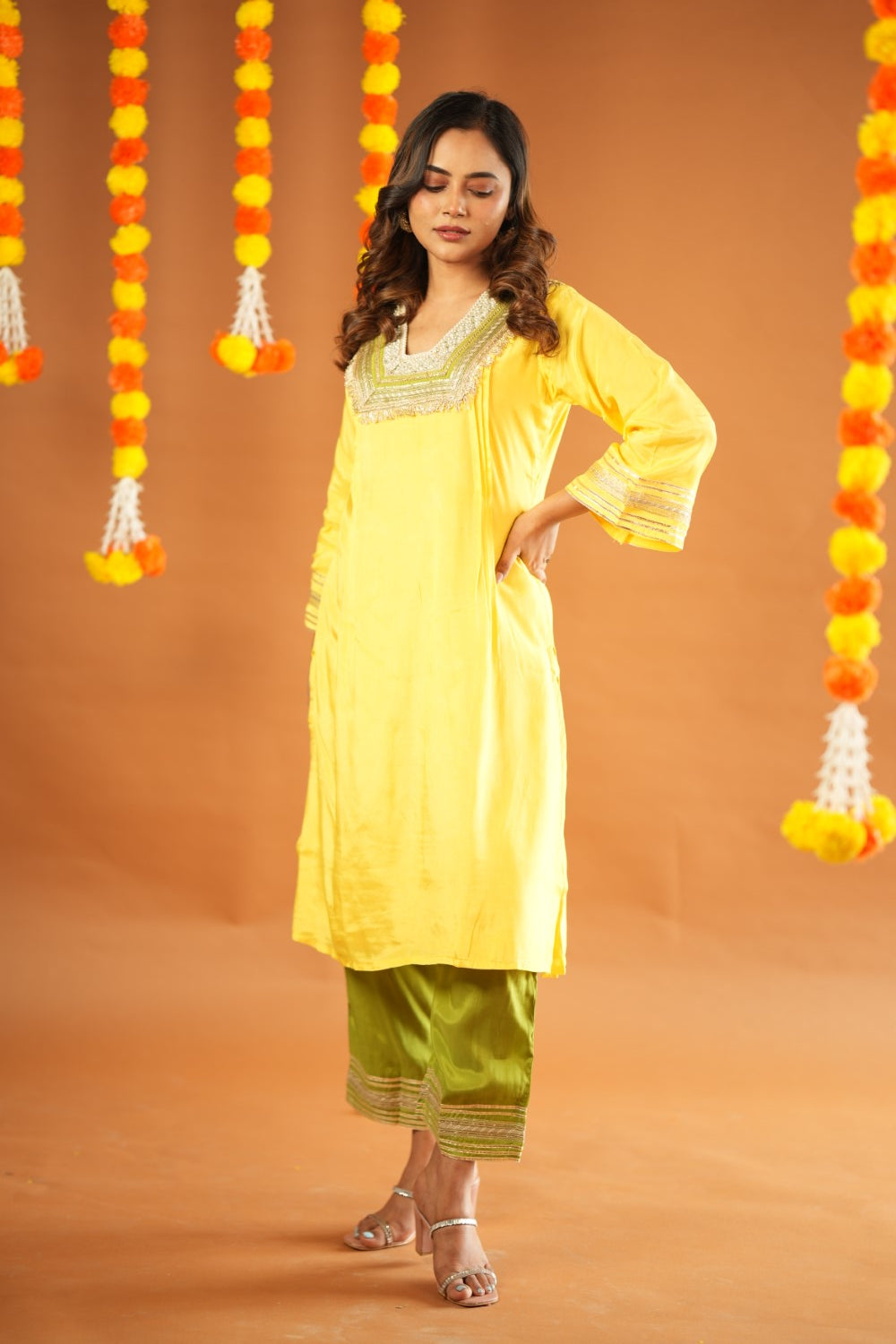 YELLOW & GREEN GLASS NECKLINE KURTA SET