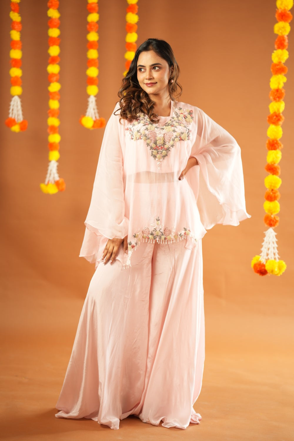 FAIRY PINK ORGANZA CAPE WITH TOP & PANTS