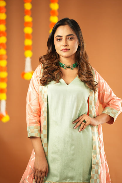 PEACH & AQUA KURTA WITH PALAZZO & JACKET