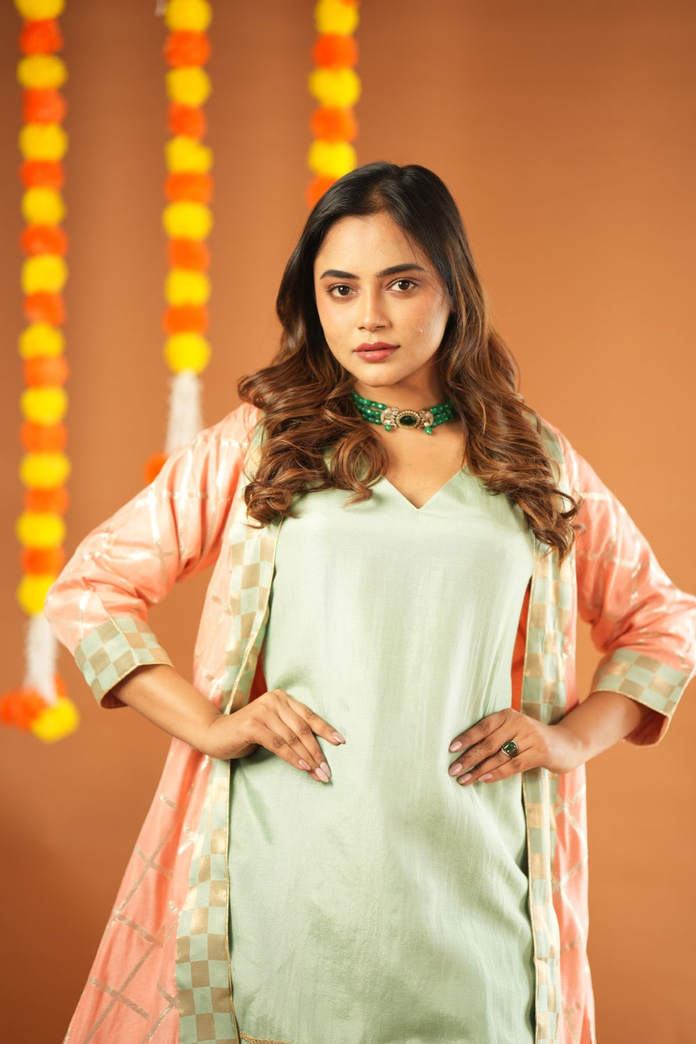 PEACH & AQUA KURTA WITH PALAZZO & JACKET