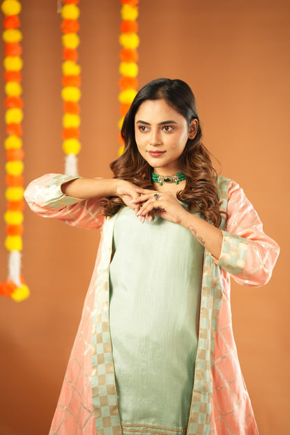 PEACH & AQUA KURTA WITH PALAZZO & JACKET