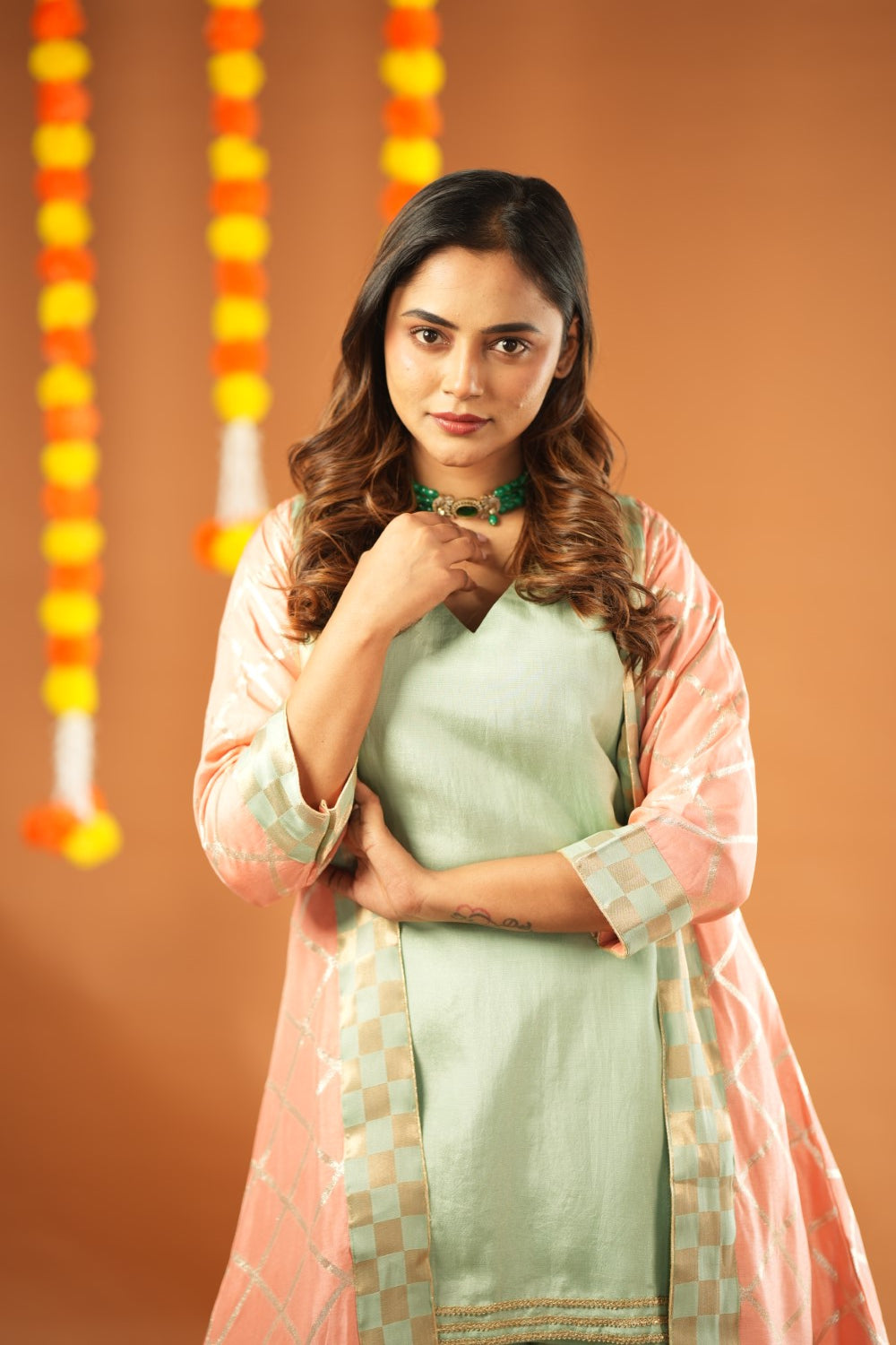 PEACH & AQUA KURTA WITH PALAZZO & JACKET