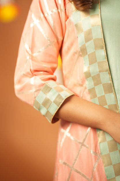 PEACH & AQUA KURTA WITH PALAZZO & JACKET