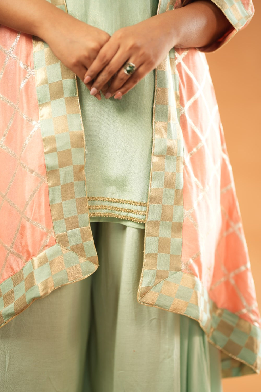 PEACH & AQUA KURTA WITH PALAZZO & JACKET