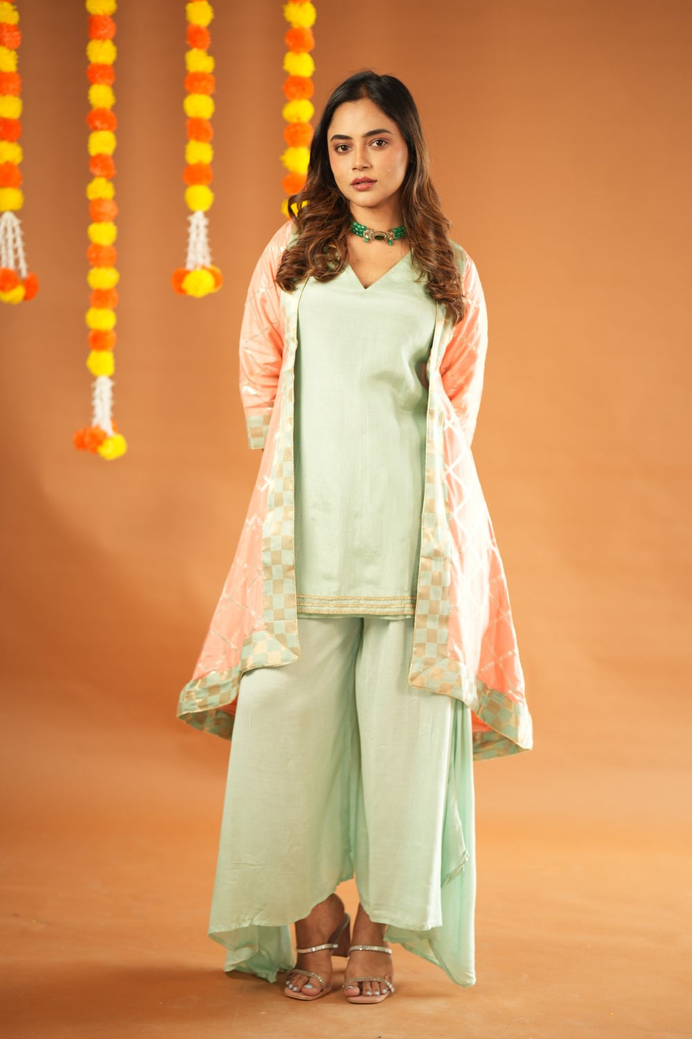 PEACH & AQUA KURTA WITH PALAZZO & JACKET