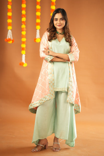 PEACH & AQUA KURTA WITH PALAZZO & JACKET