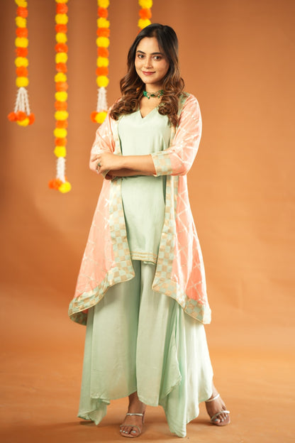 PEACH & AQUA KURTA WITH PALAZZO & JACKET